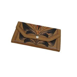 Vintage Tan and Black Tooled Leather Clutch Wallet